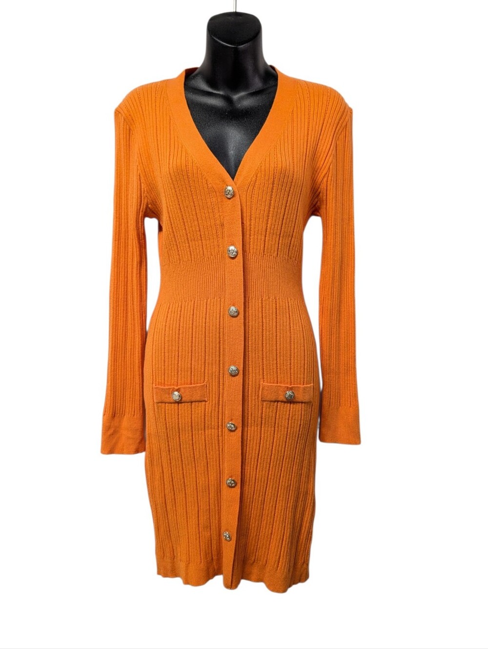 Women's Orange Ribbed Knit V-Neck Button Front Sweater Dress Pockets Size L